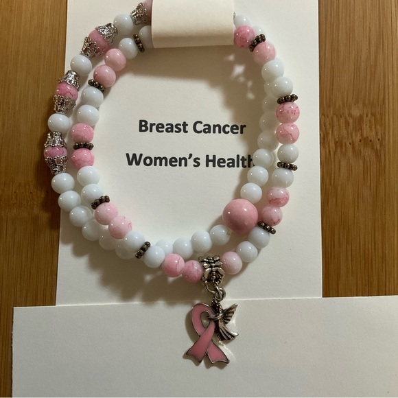 Hand Crafted Breast Cancer Awareness Bracelet Set Beaded Stretch 7.5 inches - Picture 9 of 12